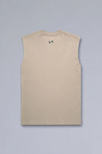 Back View of Tan TLF Property Of Heavy Cotton Muscle Tank featuring a distressed graphic design and raw edge arm holes. 
