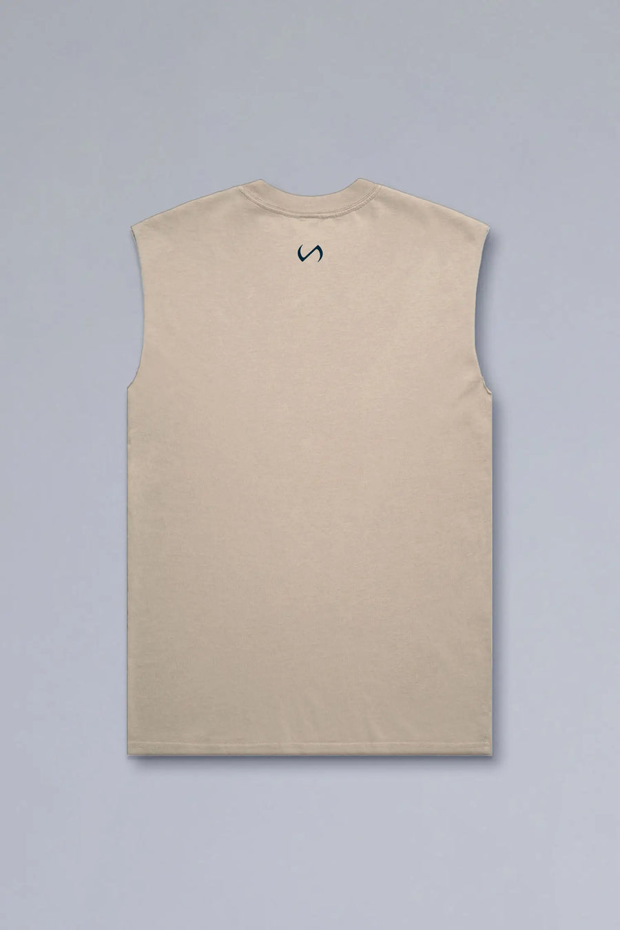 Back View of Tan TLF Property Of Heavy Cotton Muscle Tank featuring a distressed graphic design and raw edge arm holes. 