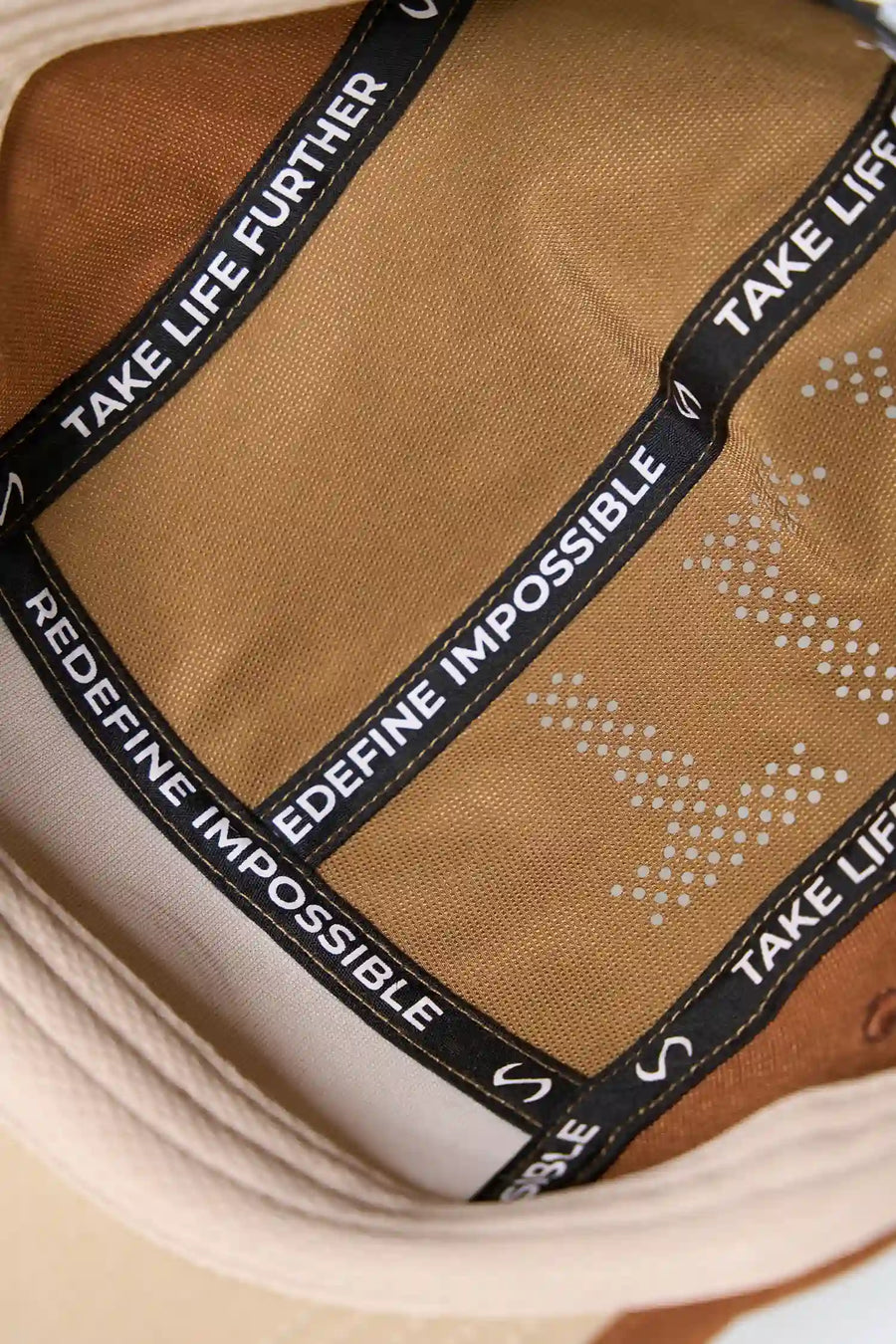 Sahara Tri-Color Pluma Packable Hat showing laser perforated crown panel and lightweight ripstop fabric detail by TLF Apparel – detail view