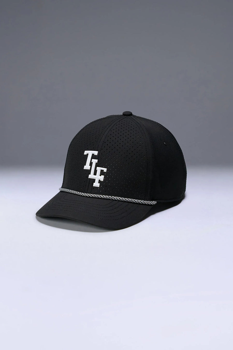 Black Flex Grid Varsity Rope Hat, structured snapback gym hat with rope detail and performance fabric by TLF Apparel – front view 