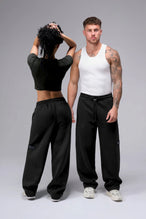 Front View Of Unisex Scuba Tech Wide Leg Sweatpants in Black