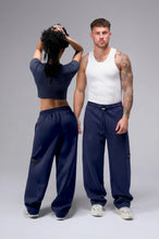 Front View Of Scuba Tech Wide Leg Sweatpants in Blue