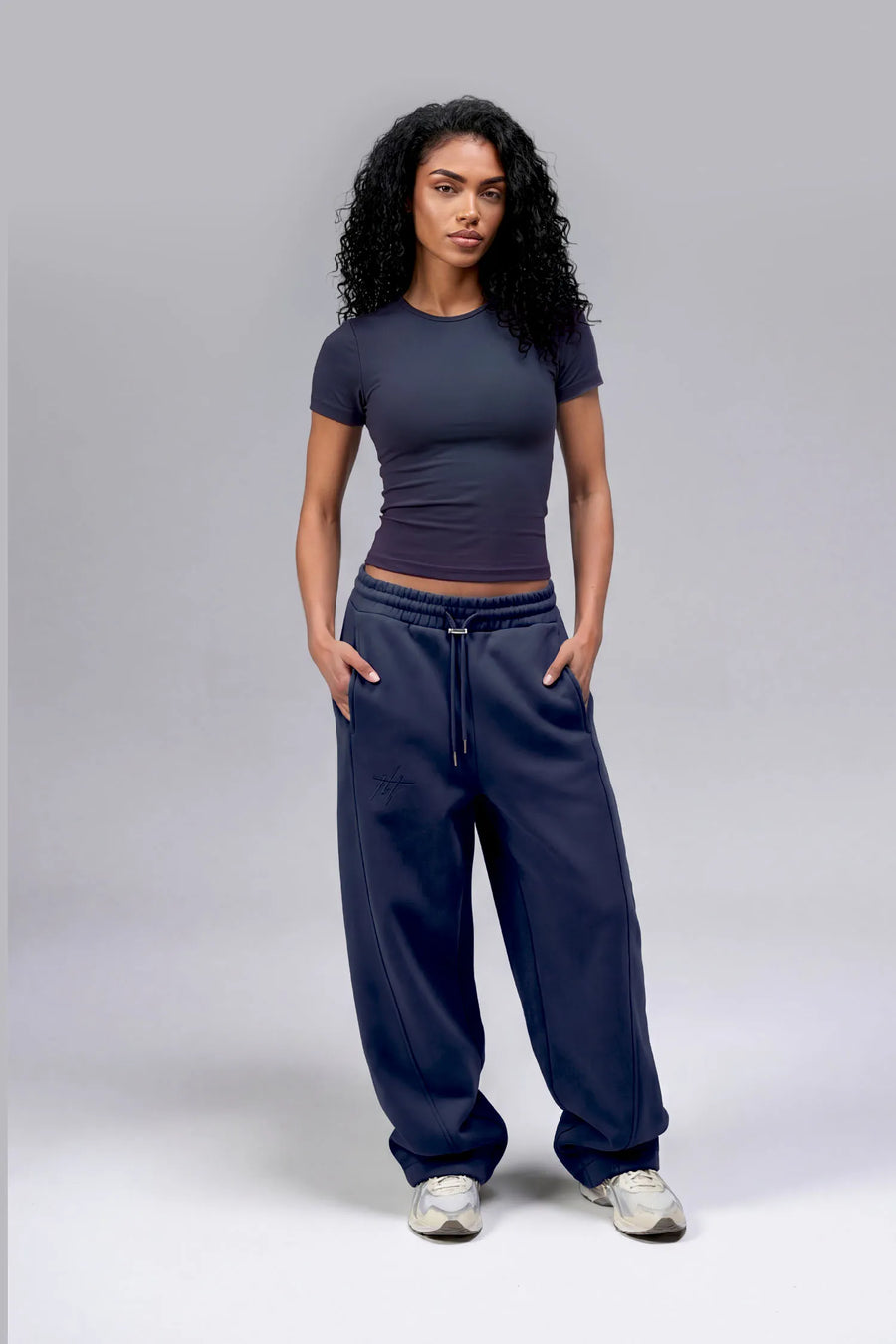 Front View Of Scuba Tech Wide Leg Sweatpants in Blue