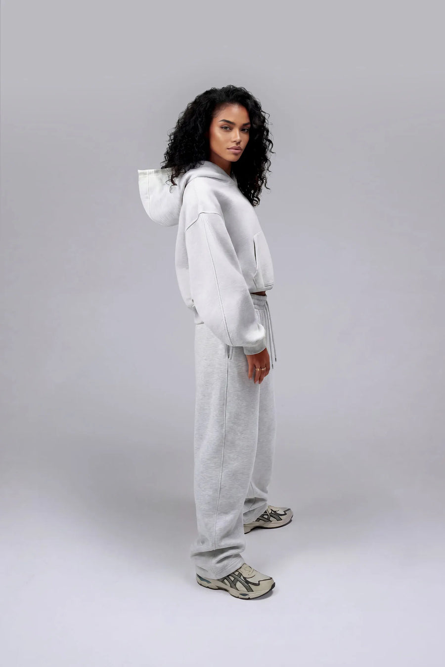 Front View Of Scuba Tech Wide Leg Sweatpants in Gray