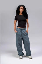 Front View Of Scuba Tech Wide Leg Sweatpants in Stormy Weather Blue Color