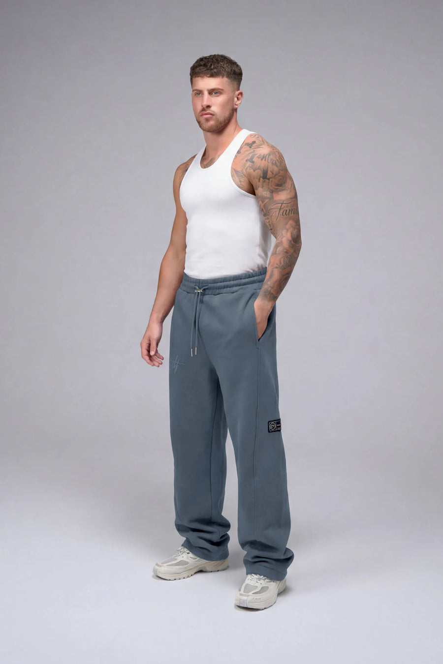Front View Of Scuba Tech Wide Leg Sweatpants in Stormy Weather Blue Color