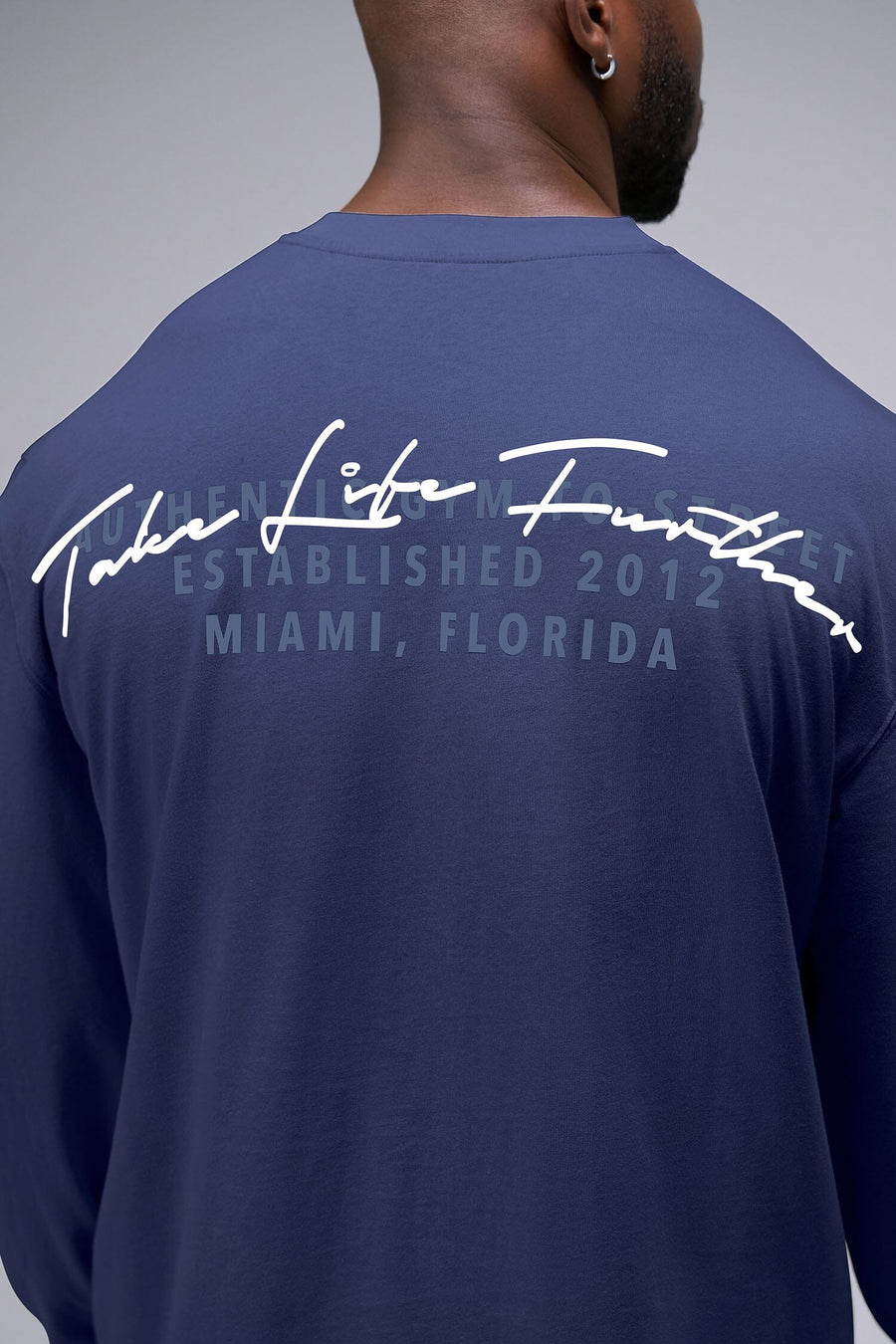 Detail Back View of Deep Navy TLF Arc Dura Cotton Oversized Long Sleeve, durable, vintage wash tee for gym or street wear
