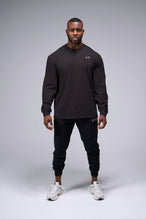 Front View of Black TLF Arc Dura Cotton Oversized Long Sleeve, durable, vintage wash tee for gym or street wear