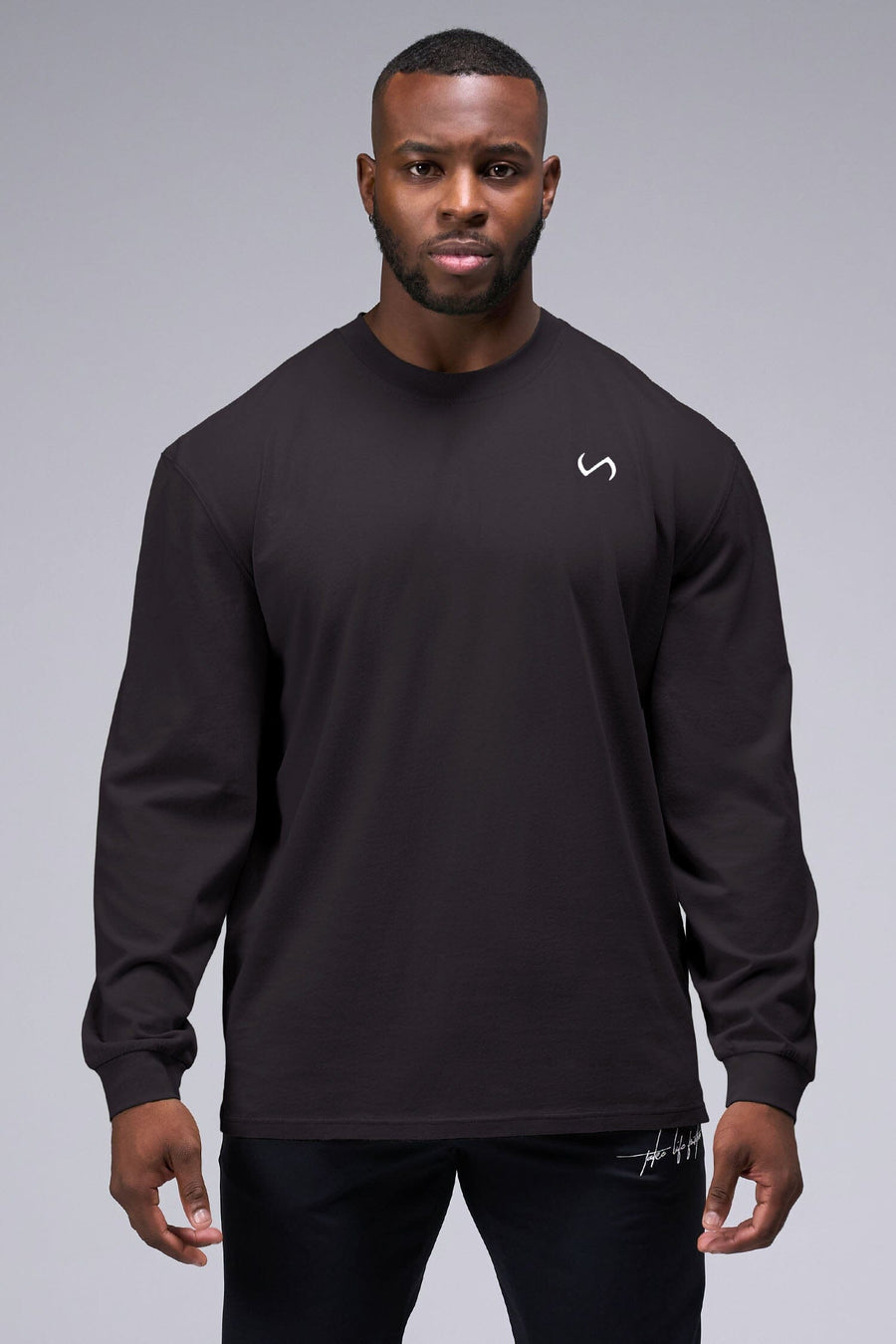 Front View of Black TLF Arc Dura Cotton Oversized Long Sleeve, durable, vintage wash tee for gym or street wear