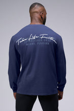 Back View of Deep Navy TLF Arc Dura Cotton Oversized Long Sleeve, durable, vintage wash tee for gym or street wear