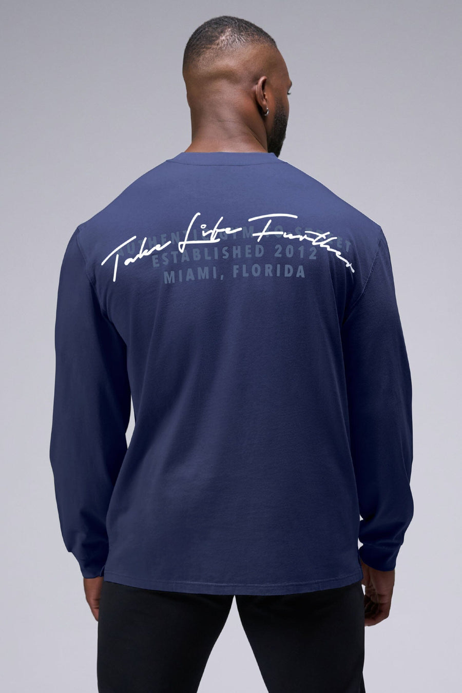 Back View of Deep Navy TLF Arc Dura Cotton Oversized Long Sleeve, durable, vintage wash tee for gym or street wear