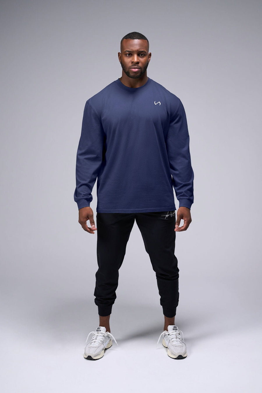 Front View of Deep Navy TLF Arc Dura Cotton Oversized Long Sleeve, durable, vintage wash tee for gym or street wear