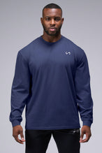 Front View of Deep Navy TLF Arc Dura Cotton Oversized Long Sleeve, durable, vintage wash tee for gym or street wear