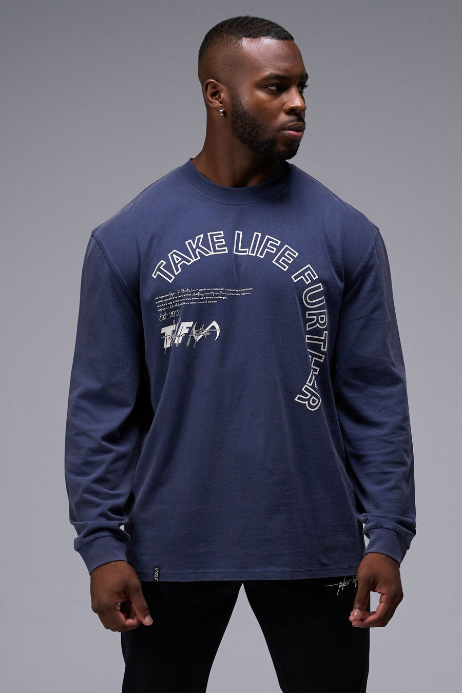 Front View Of Blue Stonewash TLF Arc Dura Cotton Oversized Long Sleeve