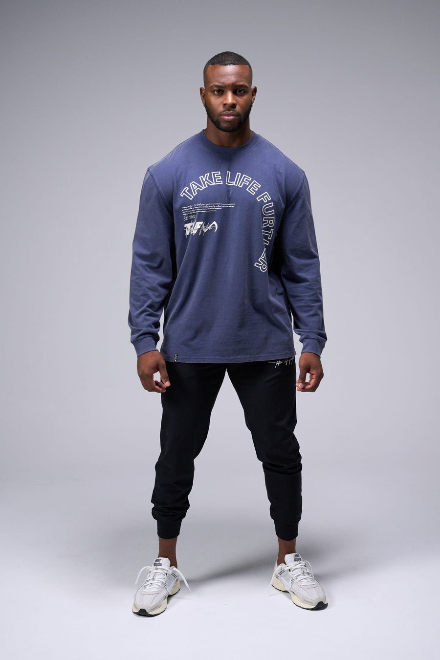 Front View Of Blue Stonewash TLF Arc Dura Cotton Oversized Long Sleeve