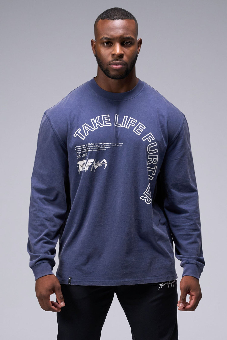 Front View Of Blue Stonewash TLF Arc Dura Cotton Oversized Long Sleeve