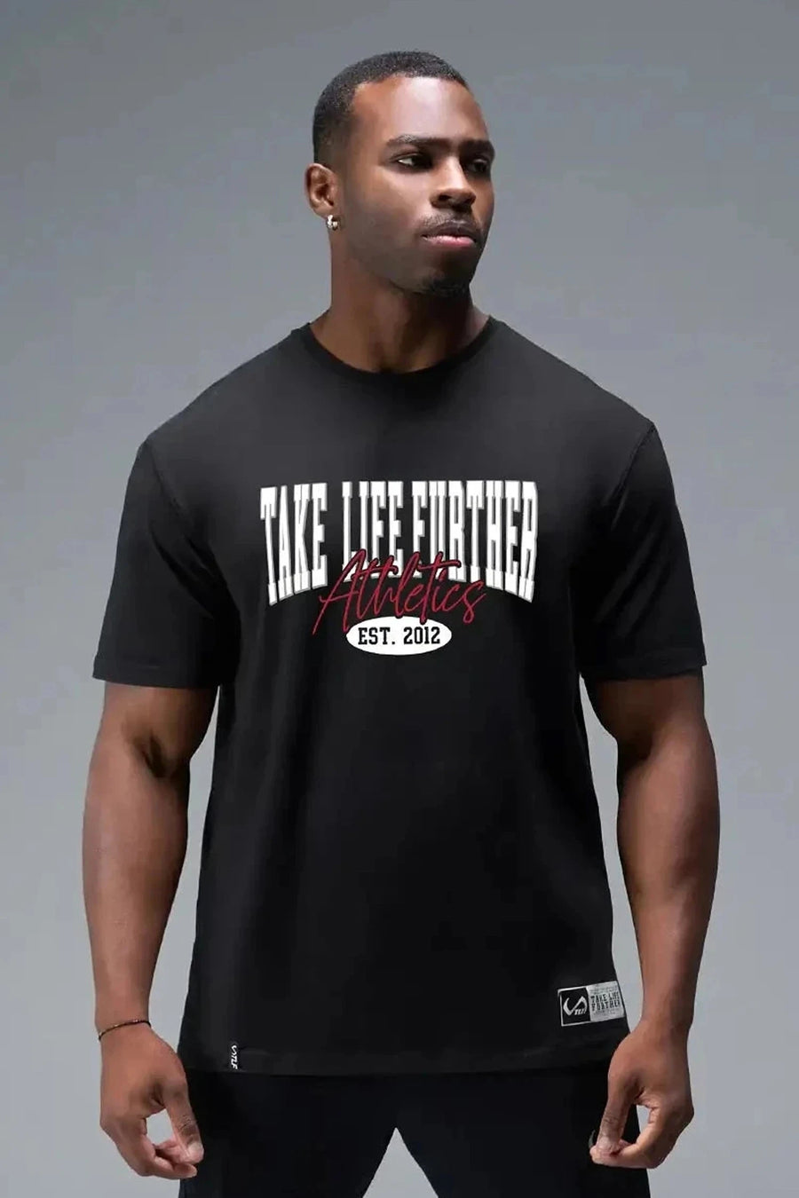 Front View of Black TLF Athletic Dept Cotton Luxe Oversized Tee featuring a bold 2 one graphic print design across the chest in our oversized shirt fit