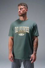 Detail Front View of Green TLF Athletic Dept Cotton Luxe Oversized Tee featuring a bold 2 one graphic print design across the chest in our oversized shirt fit