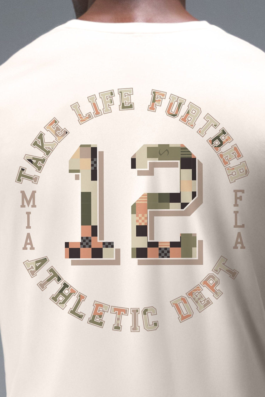 Back View of Off White TLF Digital Camo Cotton Luxe Oversized Tee featuring a pixelated camo print design across the back in our oversized t shirt fit