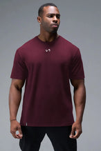 Front View Of Back Script Oversized Tee in Red