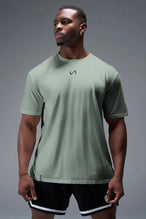 Front View Of Back Script Oversized Tee in Green