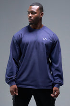 Detail Front View of Midnight Blue TLF Blur Oversized Heavy Weight Long Sleeve, durable and versatile for gym or street wear 