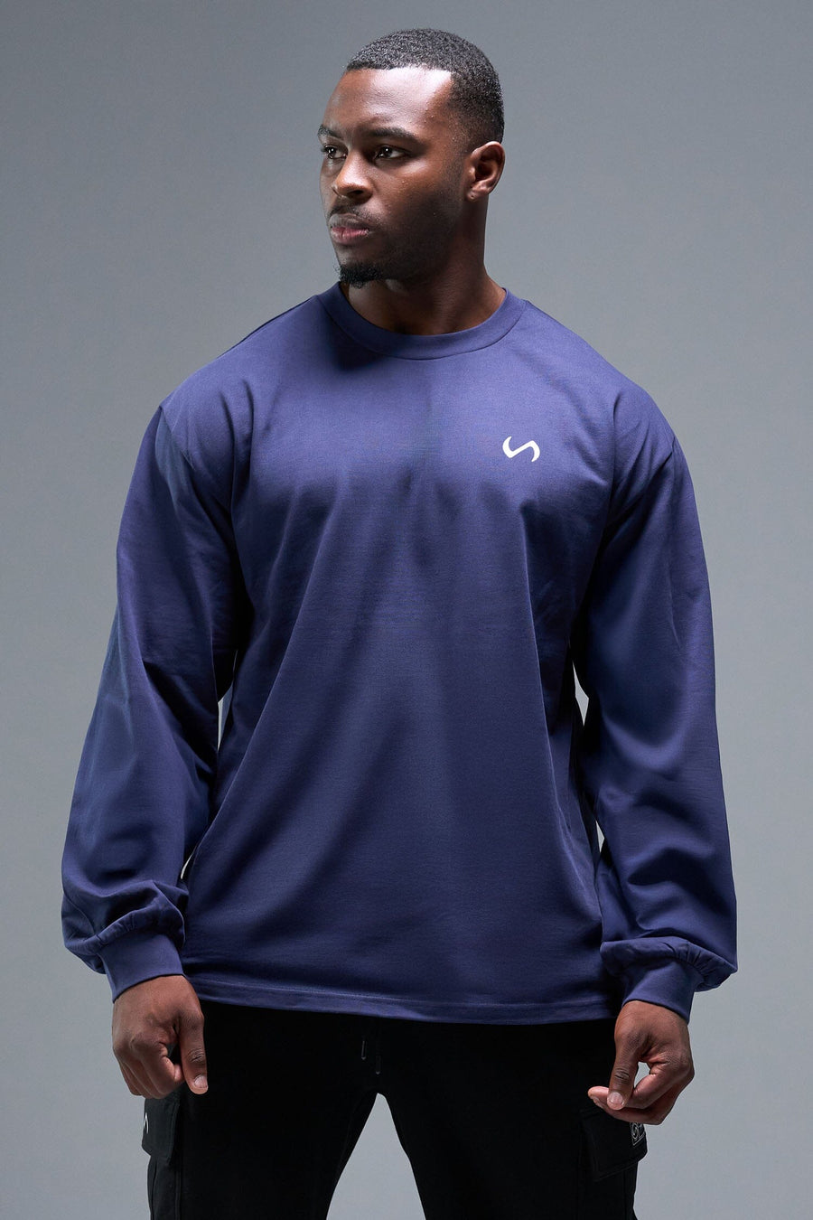 Detail Front View of Midnight Blue TLF Blur Oversized Heavy Weight Long Sleeve, durable and versatile for gym or street wear 