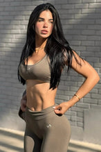 Front View of Brown TLF Cosmic Seamless Strappy Sports, featuring medium impact support and a strappy back design 