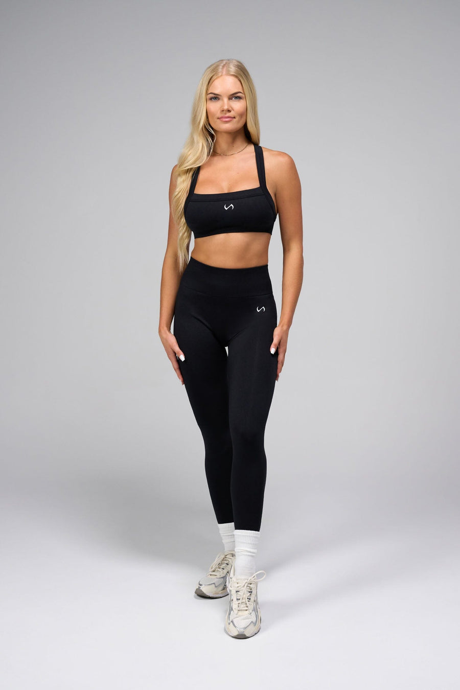 Front View Of Cosmic Seamless Square Neck Sports Bra in Black