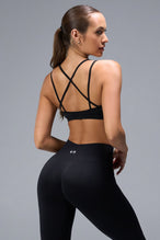 Back View of Black TLF Cosmic Seamless Strappy Sports, featuring medium impact support and a strappy back design 