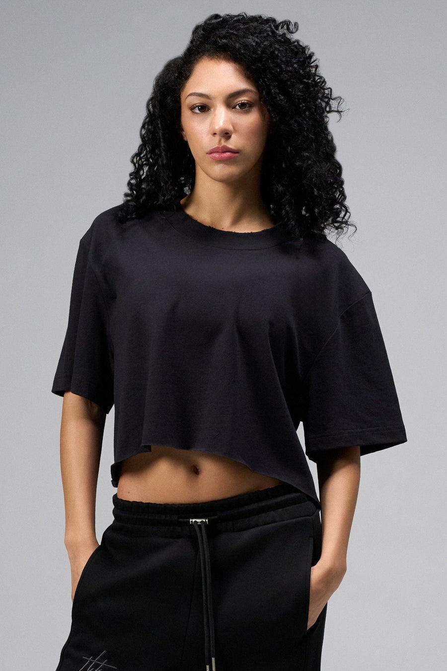Front view Of Women's Dura Cotton Oversized Cropped Tee in Black