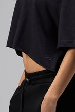 Zoomed Front view Of Women's Dura Cotton Oversized Cropped Tee in Black