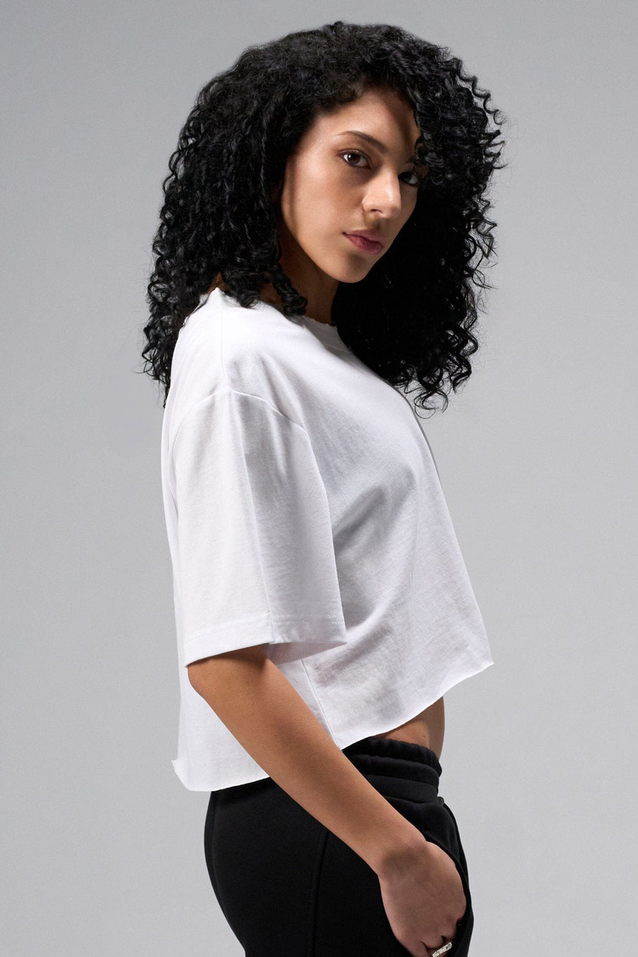 Side view Of Women's Dura Cotton Oversized Cropped Tee in White