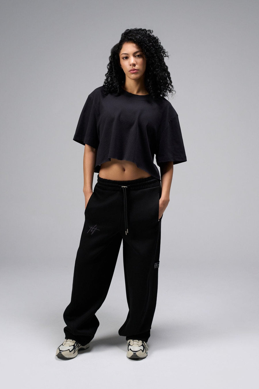Front view Of Women's Dura Cotton Oversized Cropped Tee in Black