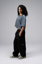 Side view Of Women's Dura Cotton Oversized Cropped Tee in Stormy Weather