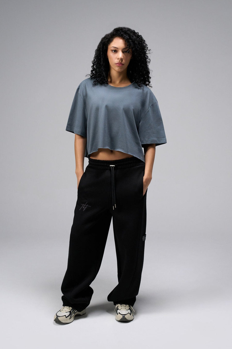 Front view Of Women's Dura Cotton Oversized Cropped Tee in Stormy Weather