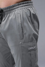 Detail View of Gray TLF Element Athletic Joggers 2.0, featuring side zipper pockets and side leg cargo pockets and reflective details 