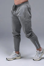 Front View of Gray TLF Element Athletic Joggers 2.0, featuring side zipper pockets and side leg cargo pockets and reflective details 