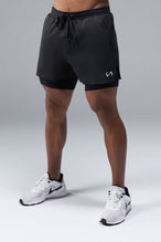 Front View of Black TLF Element Shorts With Liner, 2 in 1 shorts featuring side zipper pockets, 5 inch inseam and 7 Inch inseam Liner Short 