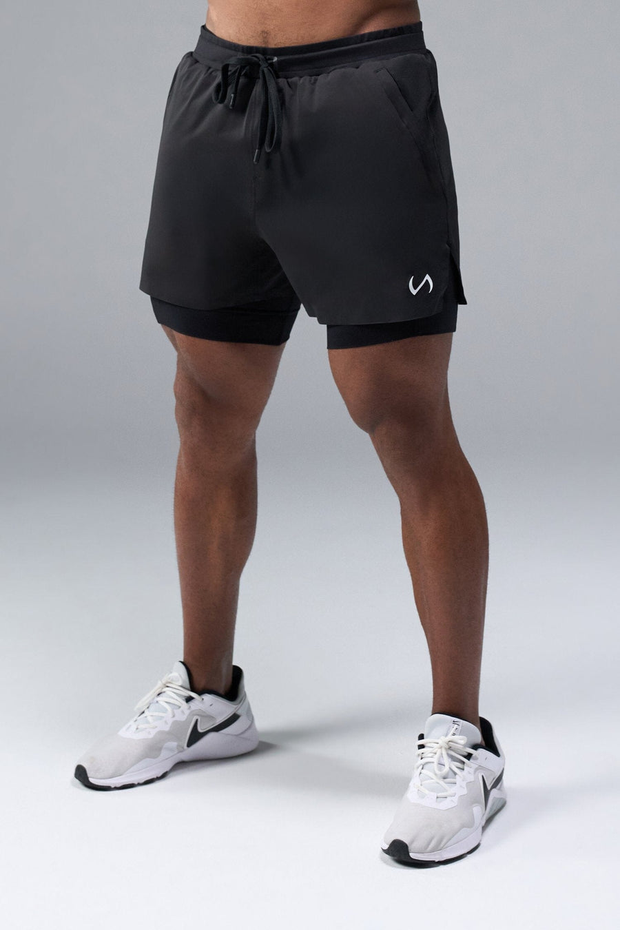 Front View of Black TLF Element Shorts With Liner, 2 in 1 shorts featuring side zipper pockets, 5 inch inseam and 7 Inch inseam Liner Short 