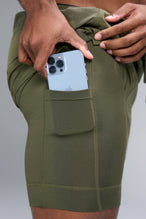 Side View of Green TLF Element Shorts With Liner, 2 in 1 shorts featuring side zipper pockets, 5 inch inseam and 7 Inch inseam Liner Short 