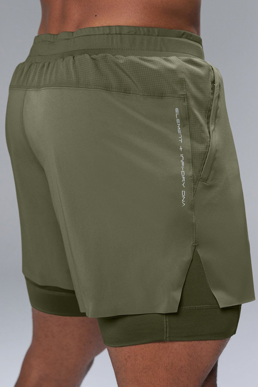 Back View of Green TLF Element Shorts With Liner, 2 in 1 shorts featuring side zipper pockets, 5 inch inseam and 7 Inch inseam Liner Short 