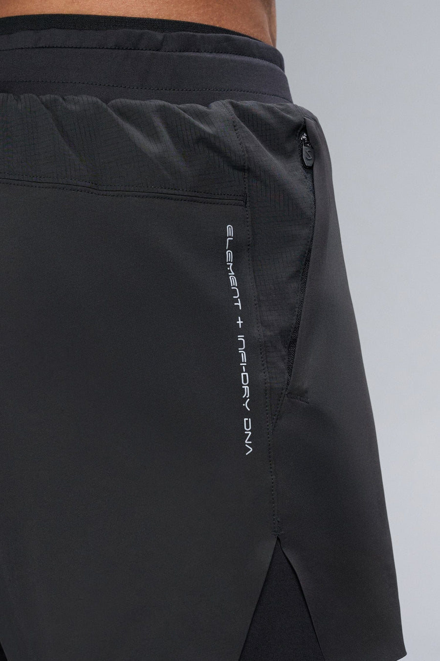 Detail Back View of Black TLF Element Shorts With Liner, 2 in 1 shorts featuring side zipper pockets, 5 inch inseam and 7 Inch inseam Liner Short 