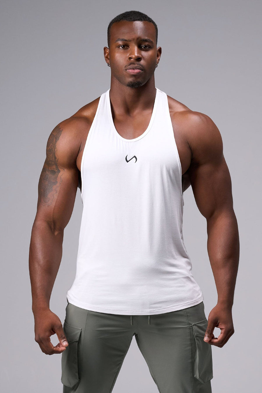 Front View of White Elevate Bamboo Stringer Tank
