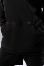 Detail Front View of Black TLF Elevate Waffle Tech Hoodie, featuring kangaroo pockets, and double panel hoodie designed for all day wear