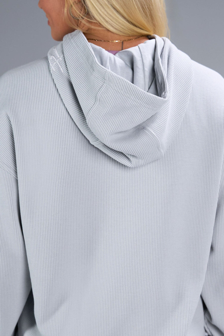 Back View of Gray TLF Elevate Waffle Tech Hoodie, featuring kangaroo pockets, and double panel hoodie designed for all day wear 