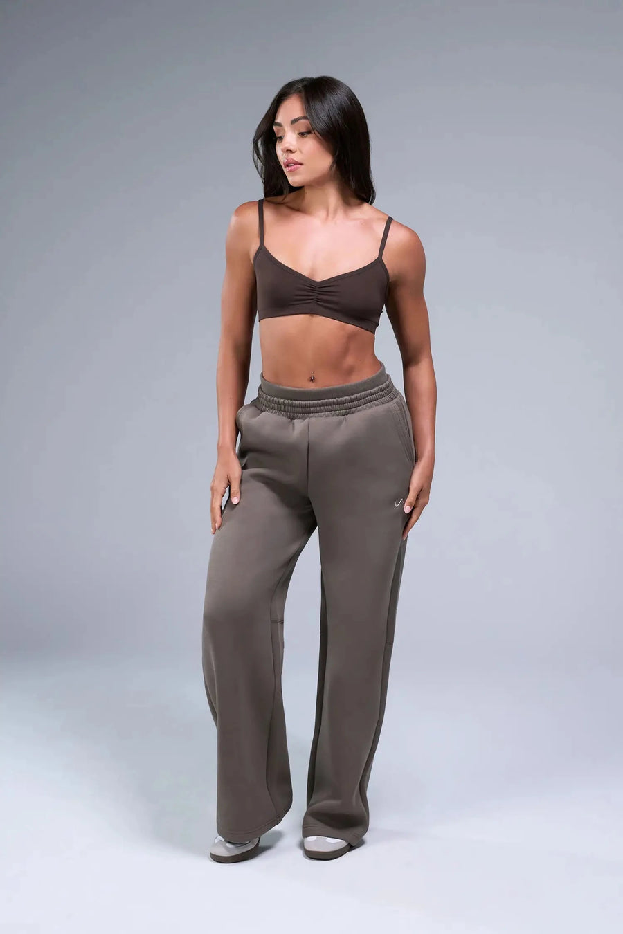 Front View of Brown TLF Essential Scrunch Seamless Bralette, featuring adjustable straps for a custom fit and scrunch front design 