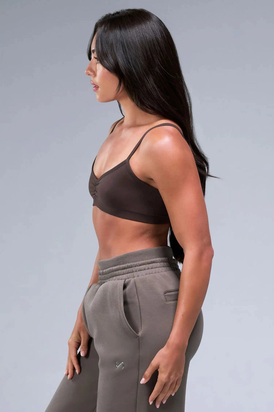 Front View of Brown TLF Essential Scrunch Seamless Bralette, featuring adjustable straps for a custom fit and scrunch front design 