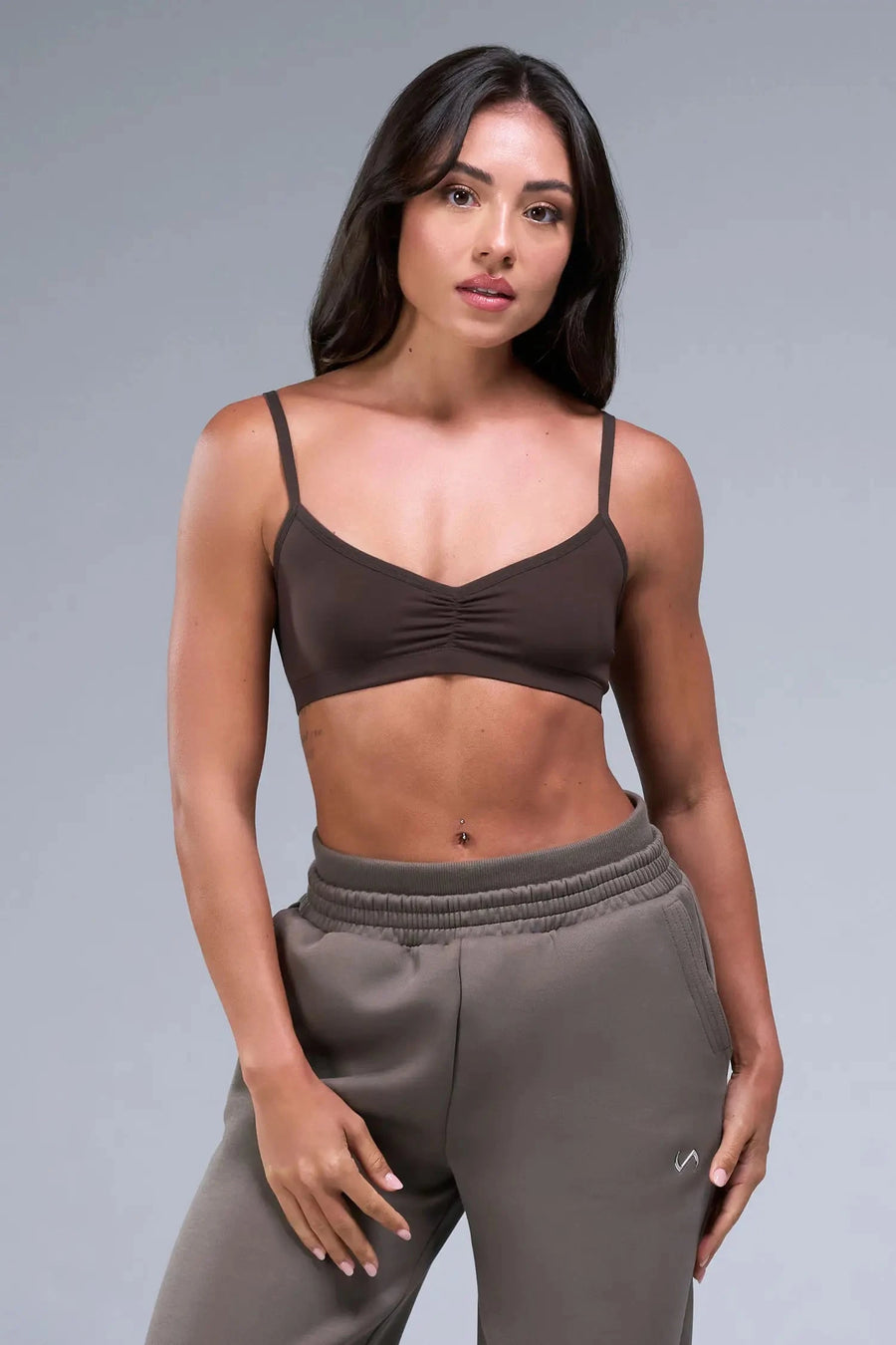 Front View of Brown TLF Essential Scrunch Seamless Bralette, featuring adjustable straps for a custom fit and scrunch front design 