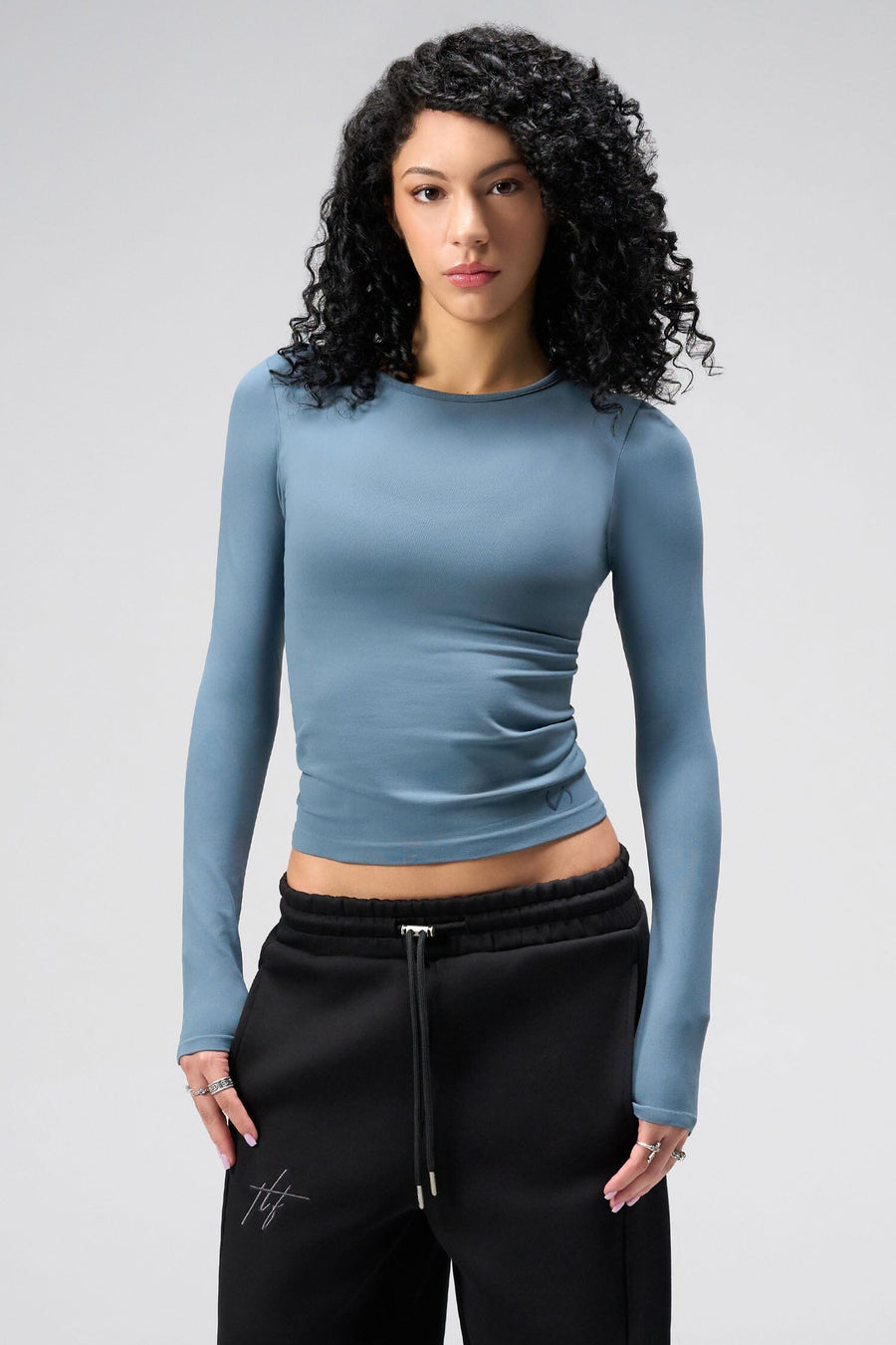 Front View Of Women's Essential Seamless Long Sleeve Top in Stormy Weather 
